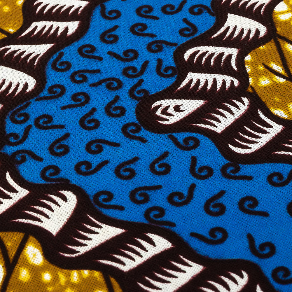 Blue, Dark Yellow and Brown Wavy Zig Zags Cotton Supreme Wax African Print