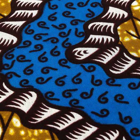 Blue, Dark Yellow and Brown Wavy Zig Zags Cotton Supreme Wax African Print