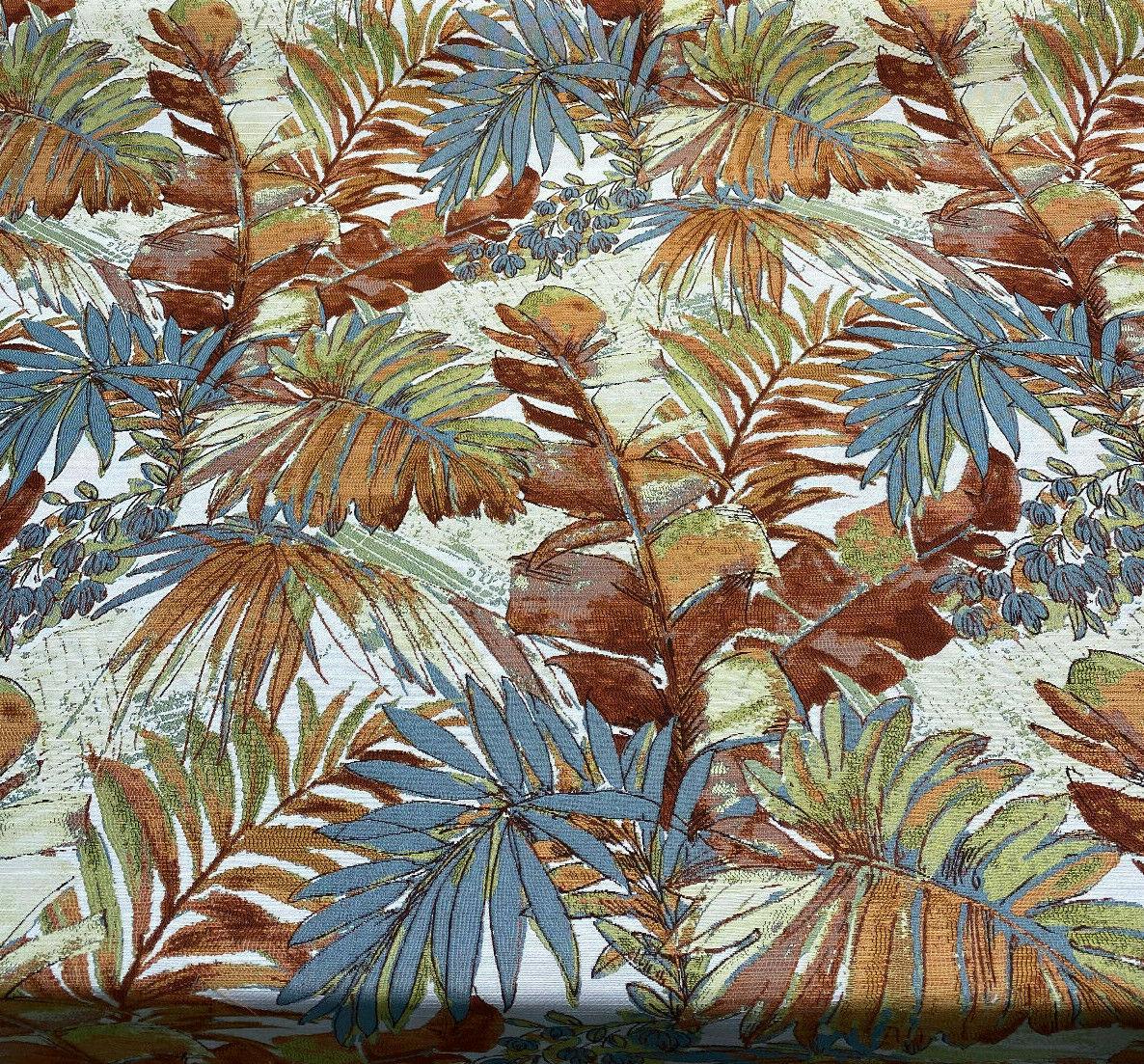 Shade Valley Jacquard Polyester Fabric - Rust, Blue, Green Floral Leaves, 56" Width, 28" Horizontal Repeat (1 Yard)