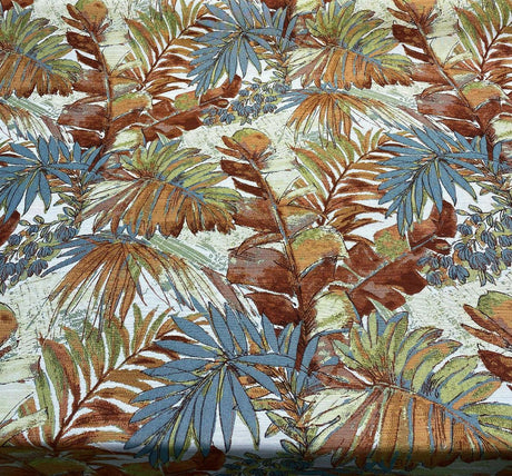 Shade Valley Jacquard Polyester Fabric - Rust, Blue, Green Floral Leaves, 56" Width, 28" Horizontal Repeat (1 Yard)