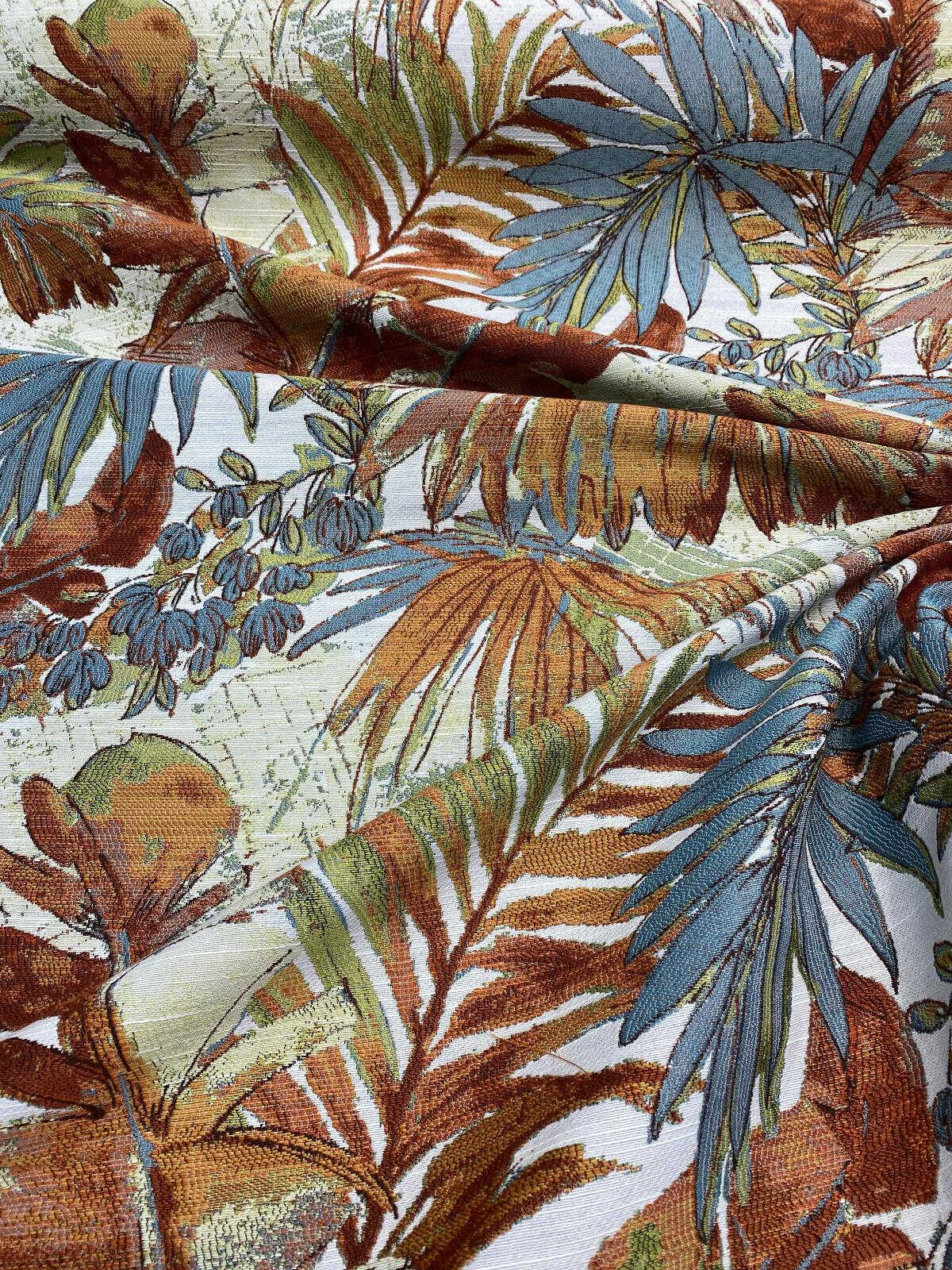 Shade Valley Jacquard Polyester Fabric - Rust, Blue, Green Floral Leaves, 56" Width, 28" Horizontal Repeat (1 Yard)
