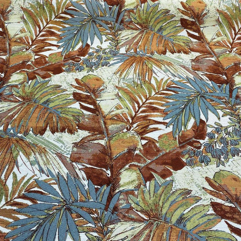 Shade Valley Jacquard Polyester Fabric - Rust, Blue, Green Floral Leaves, 56" Width, 28" Horizontal Repeat (1 Yard)