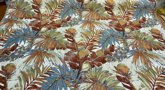 Shade Valley Jacquard Polyester Fabric - Rust, Blue, Green Floral Leaves, 56" Width, 28" Horizontal Repeat (1 Yard)