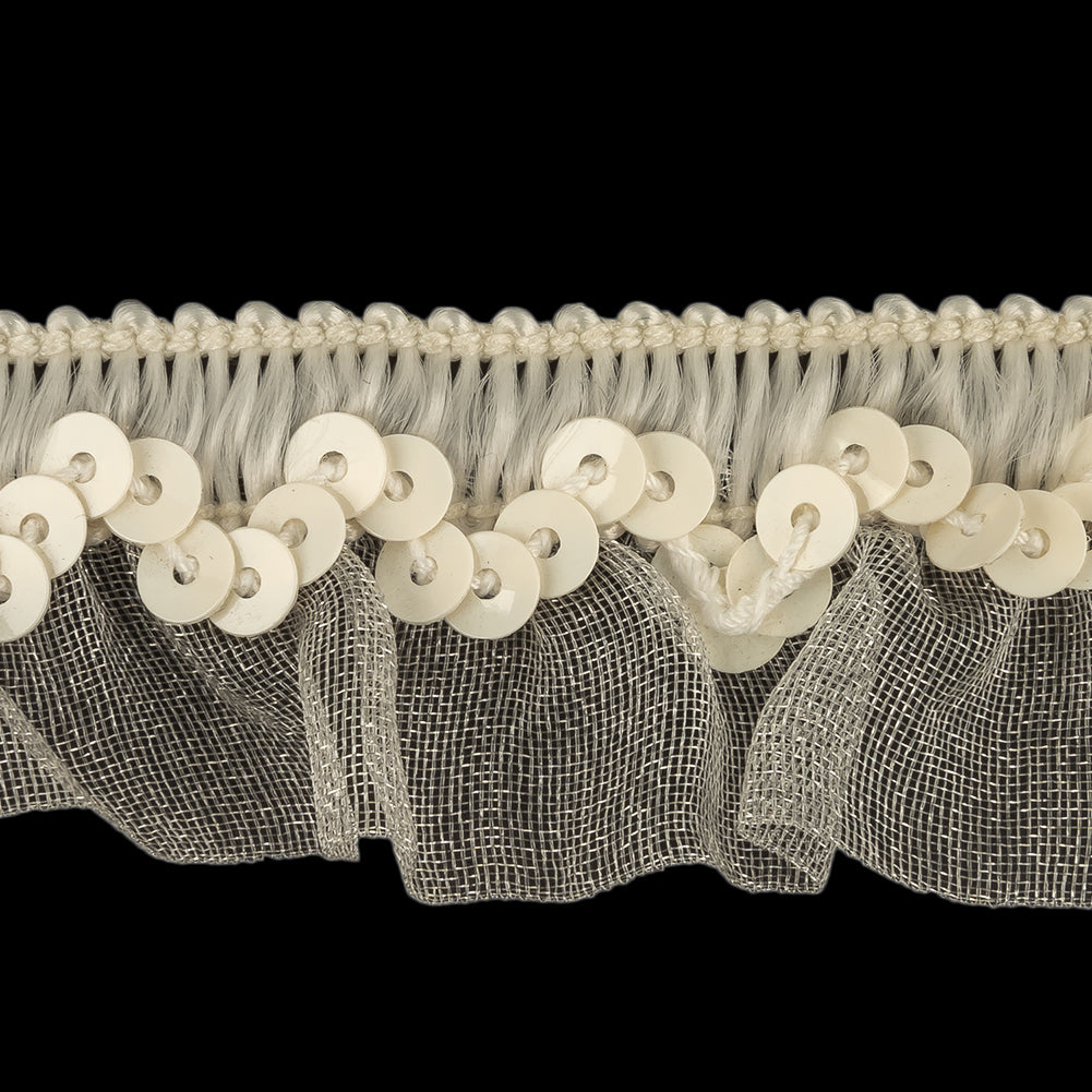 Lily White and Ivory Sequined and Ruffled Elastic Trimming - 0.875"