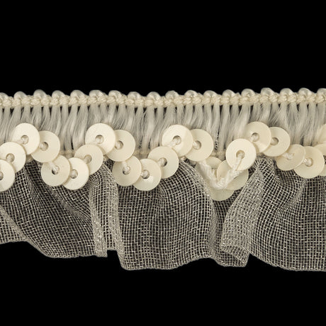 Lily White and Ivory Sequined and Ruffled Elastic Trimming - 0.875"