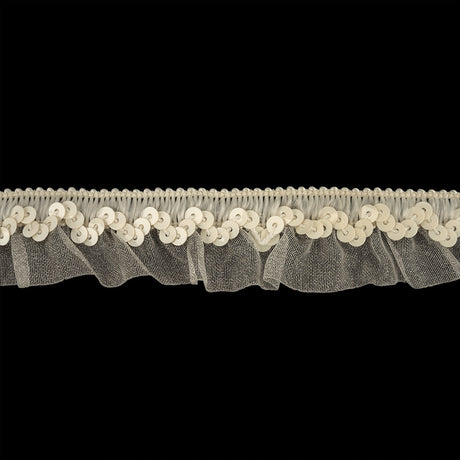 Lily White and Ivory Sequined and Ruffled Elastic Trimming - 0.875"
