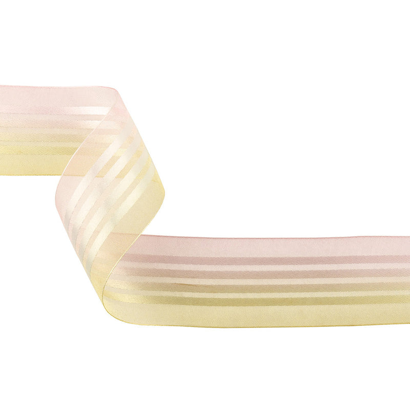 Pink and Yellow Ombre Sheer Ribbon with Satin Stripes - 1.625"