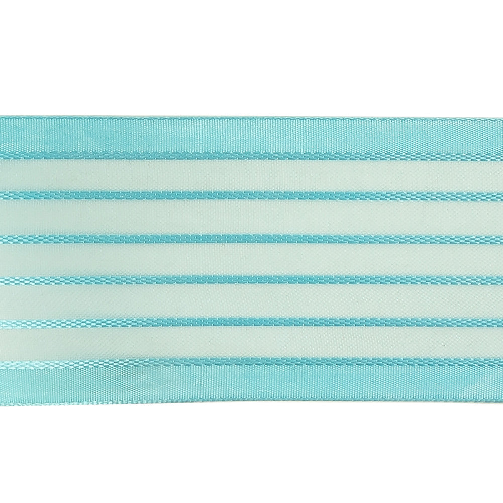 Turquoise Striped Sheer Ribbon with Opaque Borders - 1.5"