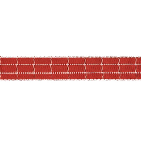 Red and White Windowpane Check Woven Ribbon - 0.625"