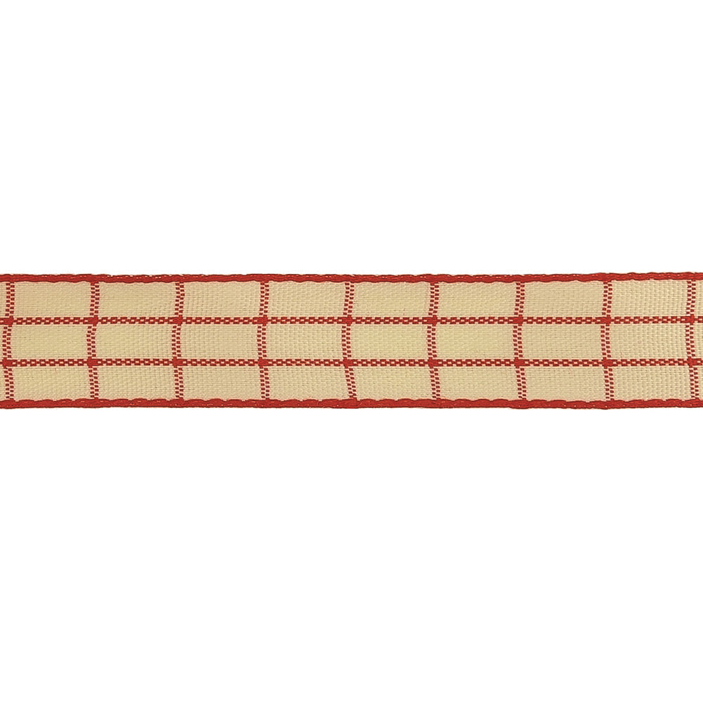 Pointsettia and Ethereal Green Windowpane Check Woven Ribbon - 0.625"
