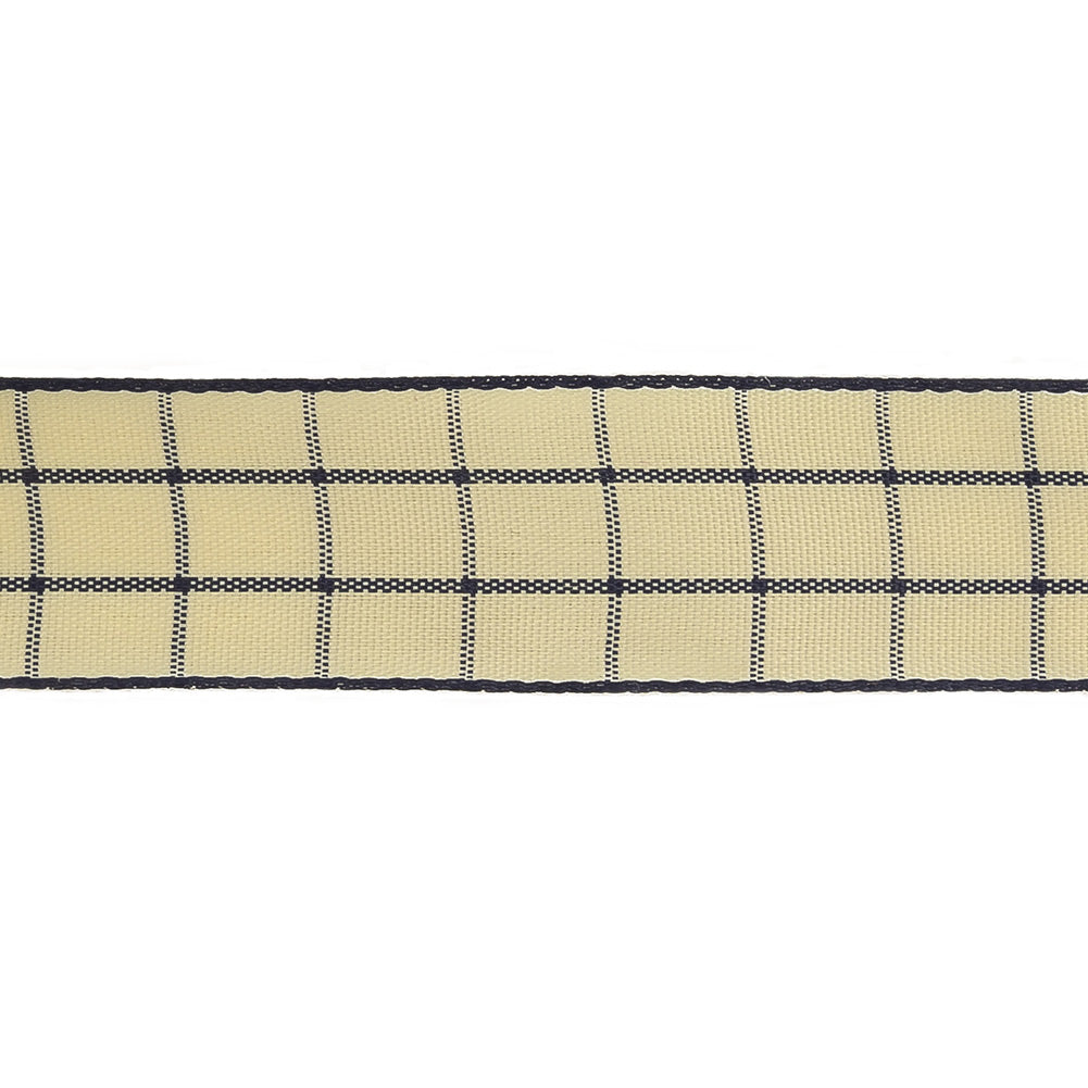Navy and Ethereal Green Windowpane Check Woven Ribbon - 1"