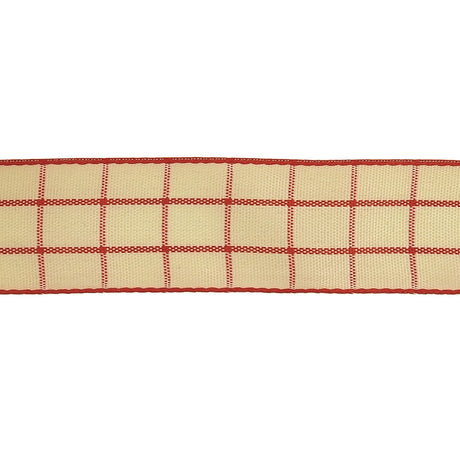 Pointsettia and Ethereal Green Windowpane Check Woven Ribbon - 1"