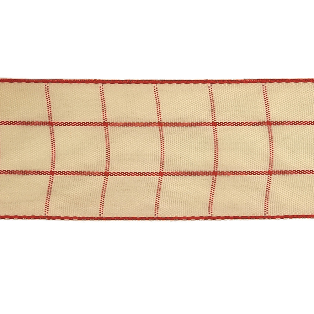 Pointsettia and Ethereal Green Windowpane Check Woven Ribbon - 1.5"