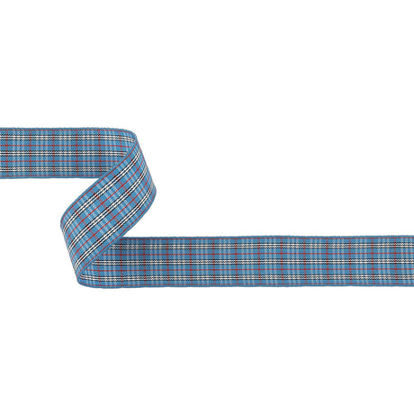 Blue, Red and White Plaid Woven Ribbon - 1"