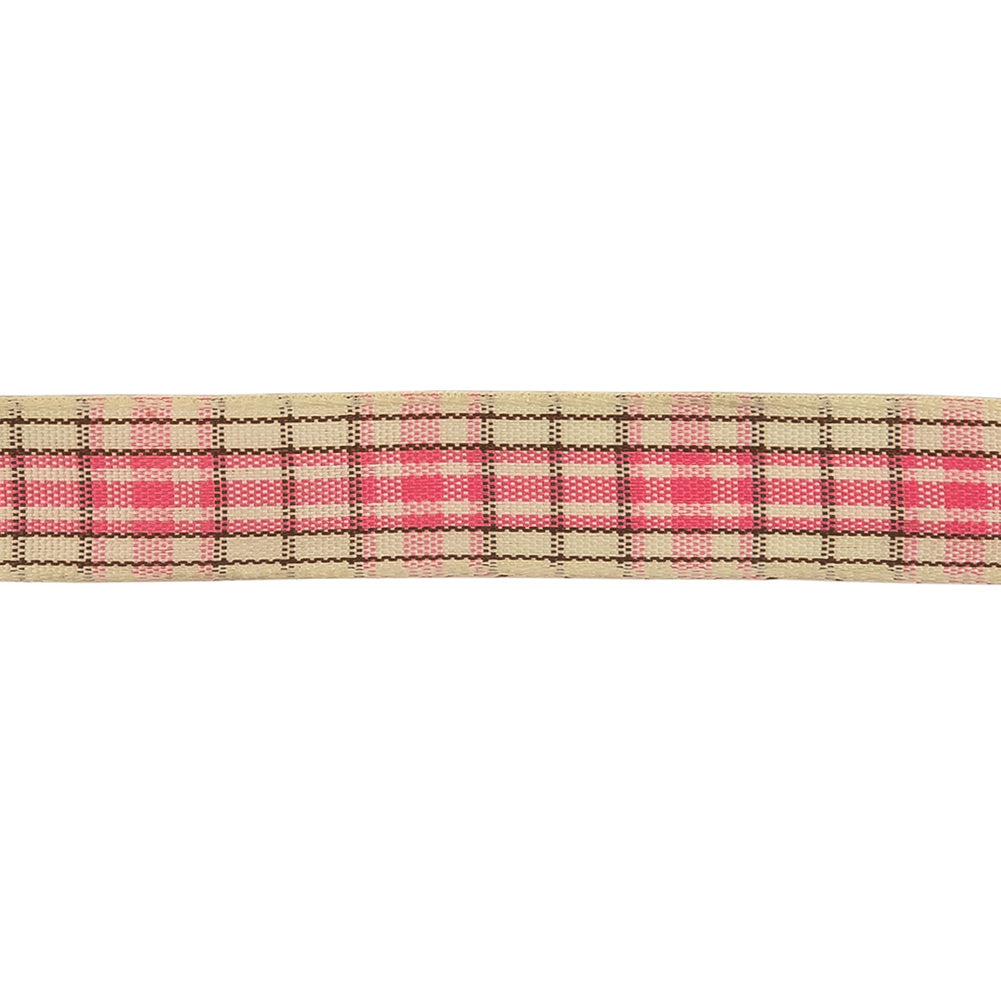 Bubblegum, Brown and Vanilla Ice Plaid Woven Ribbon - 0.625"