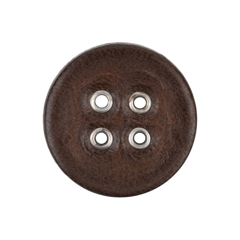 Italian Dark Brown and Shiny Silver Metal 4-Hole Leather Button - 40L/25.5mm