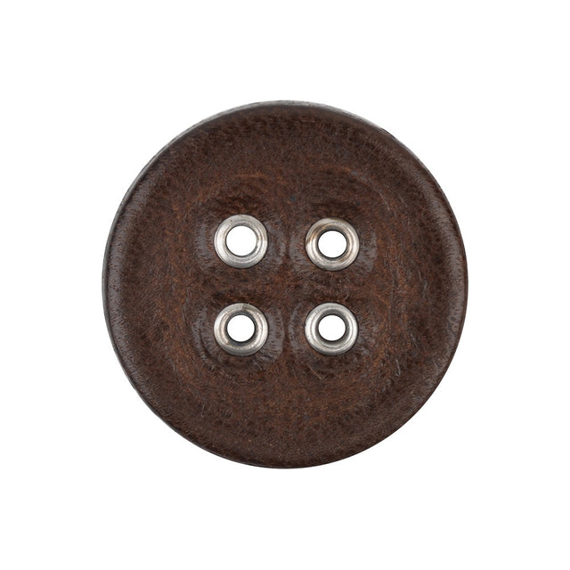 Italian Dark Brown and Shiny Silver Metal 4-Hole Leather Button - 40L/25.5mm
