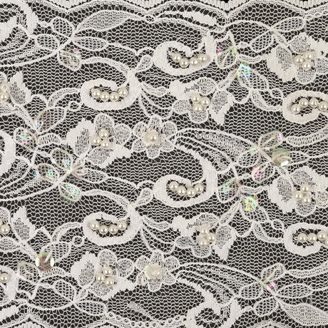 White and Iridescent Floral Beaded and Sequins Lace Trim with Scalloped Edges - 4.375"