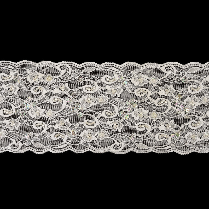 White and Iridescent Floral Beaded and Sequins Lace Trim with Scalloped Edges - 4.375"