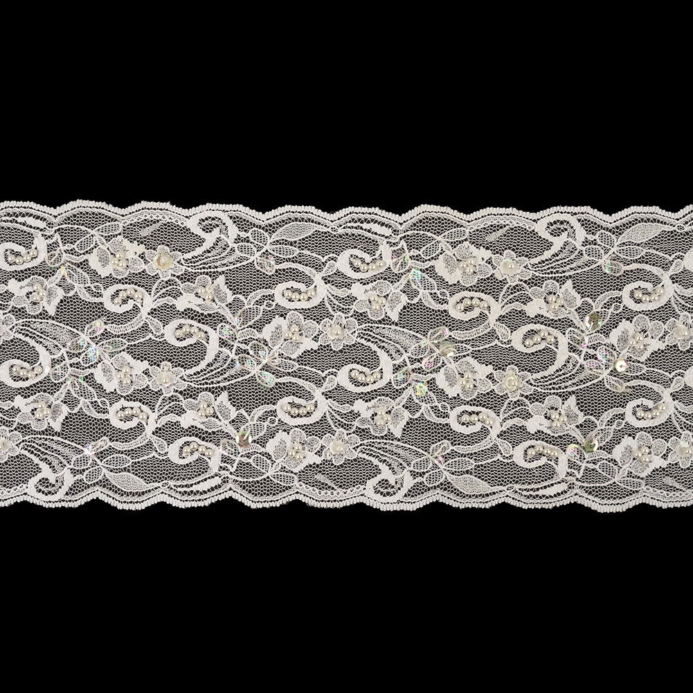 White and Iridescent Floral Beaded and Sequins Lace Trim with Scalloped Edges - 4.375"