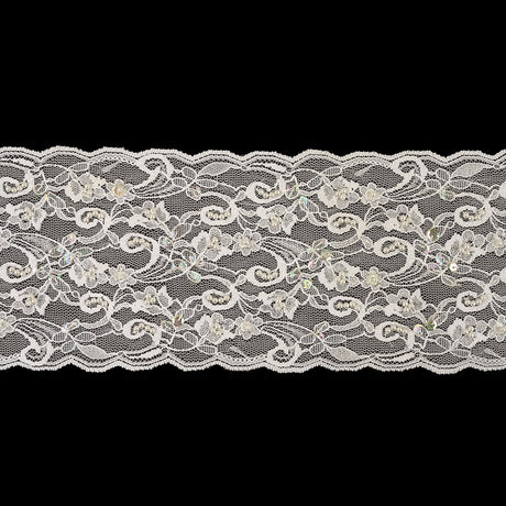 White and Iridescent Floral Beaded and Sequins Lace Trim with Scalloped Edges - 4.375"
