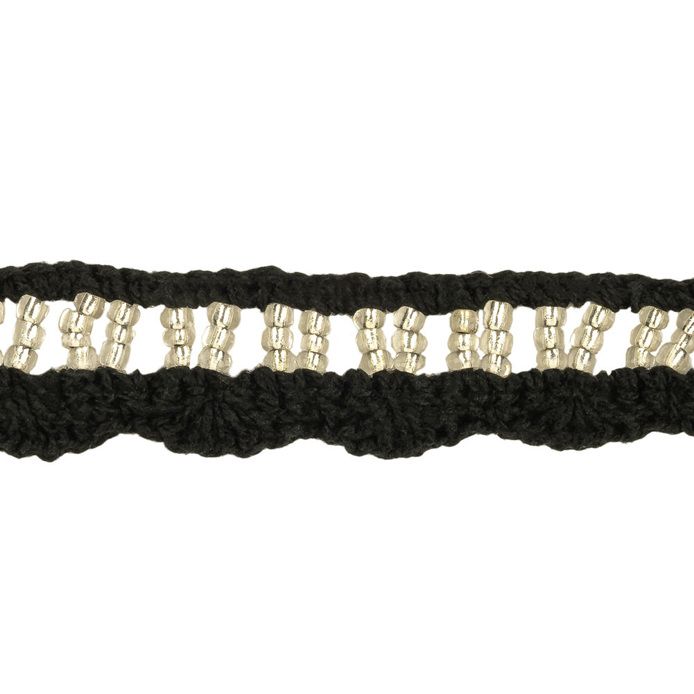 Black and Silver-Lined Beaded Cotton Crochet Lace - 0.75"