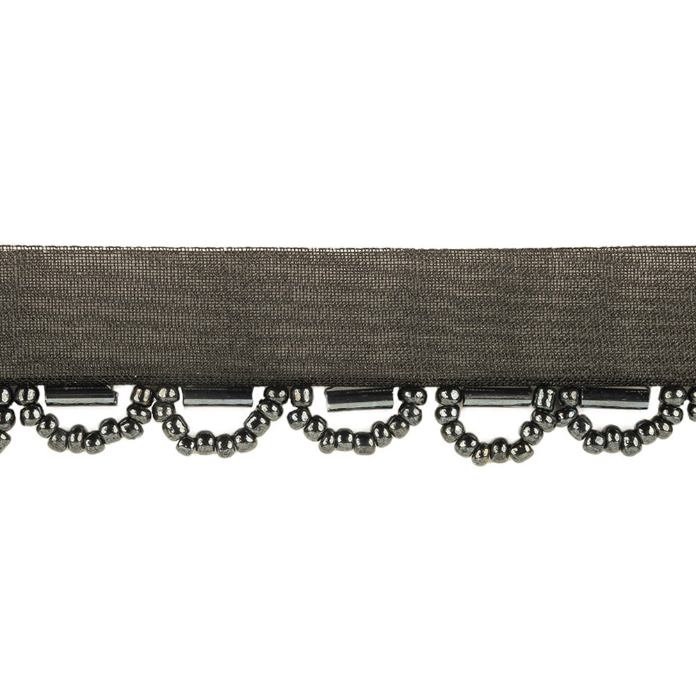 Gunmetal Bugle and Seed Beaded Scalloped Trim with Black Mesh Lip - 0.75"