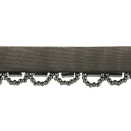 Gunmetal Bugle and Seed Beaded Scalloped Trim with Black Mesh Lip - 0.75"
