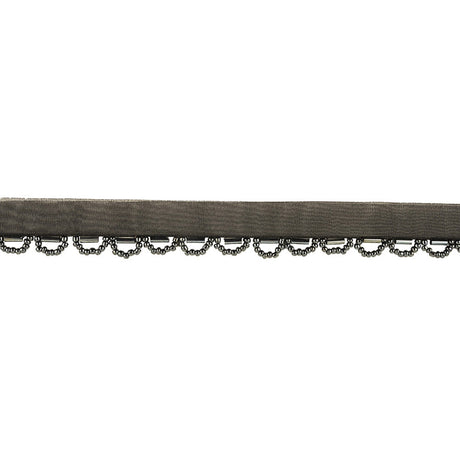Gunmetal Bugle and Seed Beaded Scalloped Trim with Black Mesh Lip - 0.75"