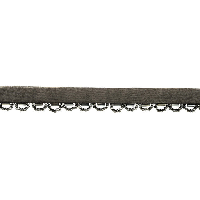 Gunmetal Bugle and Seed Beaded Scalloped Trim with Black Mesh Lip - 0.75"