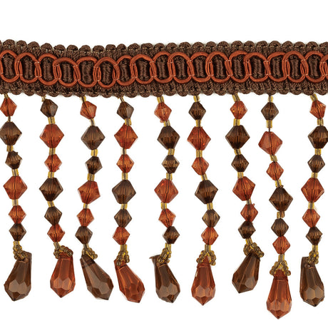 Orange, Amber and Brown Circles Braided Trim with Beaded Fringe - 3.25"