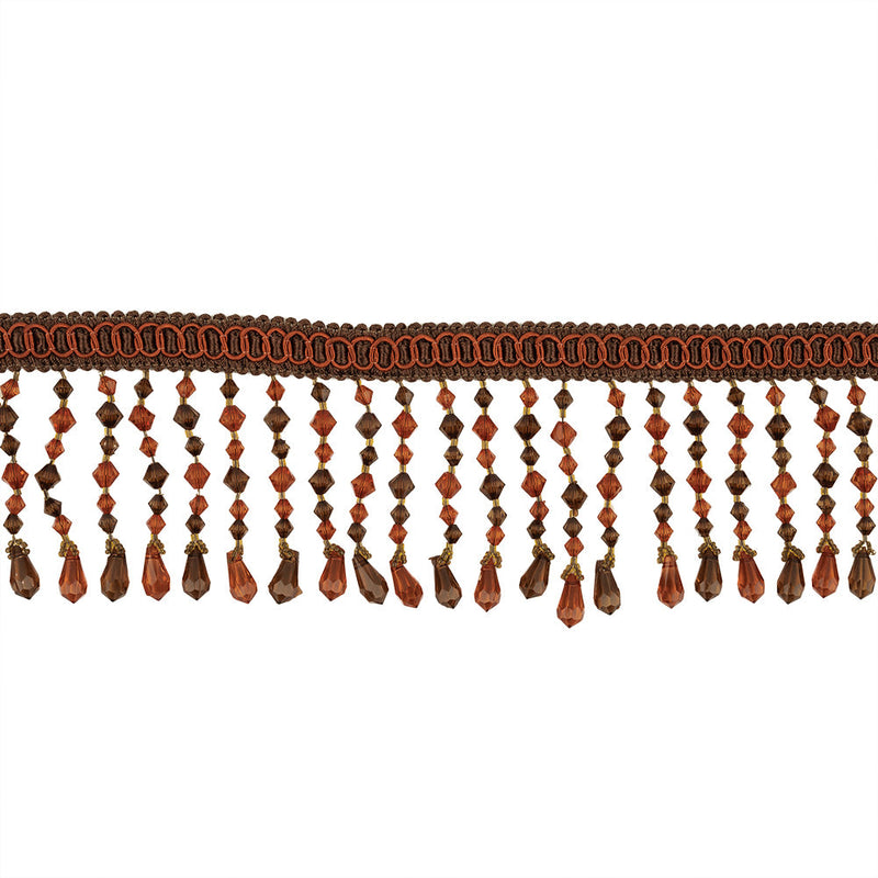 Orange, Amber and Brown Circles Braided Trim with Beaded Fringe - 3.25"