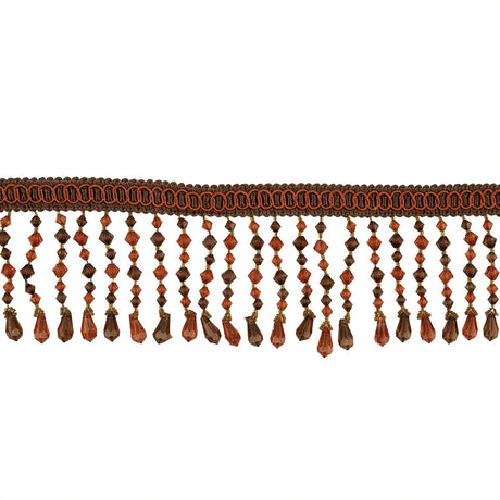 Orange, Amber and Brown Circles Braided Trim with Beaded Fringe - 3.25"