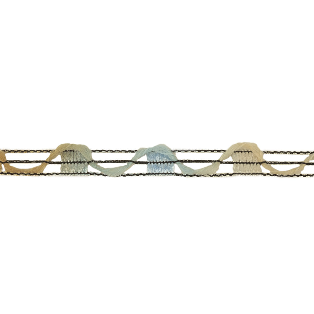 Blue, Beige and Black Variegated Rail Lace Trim - 0.375"