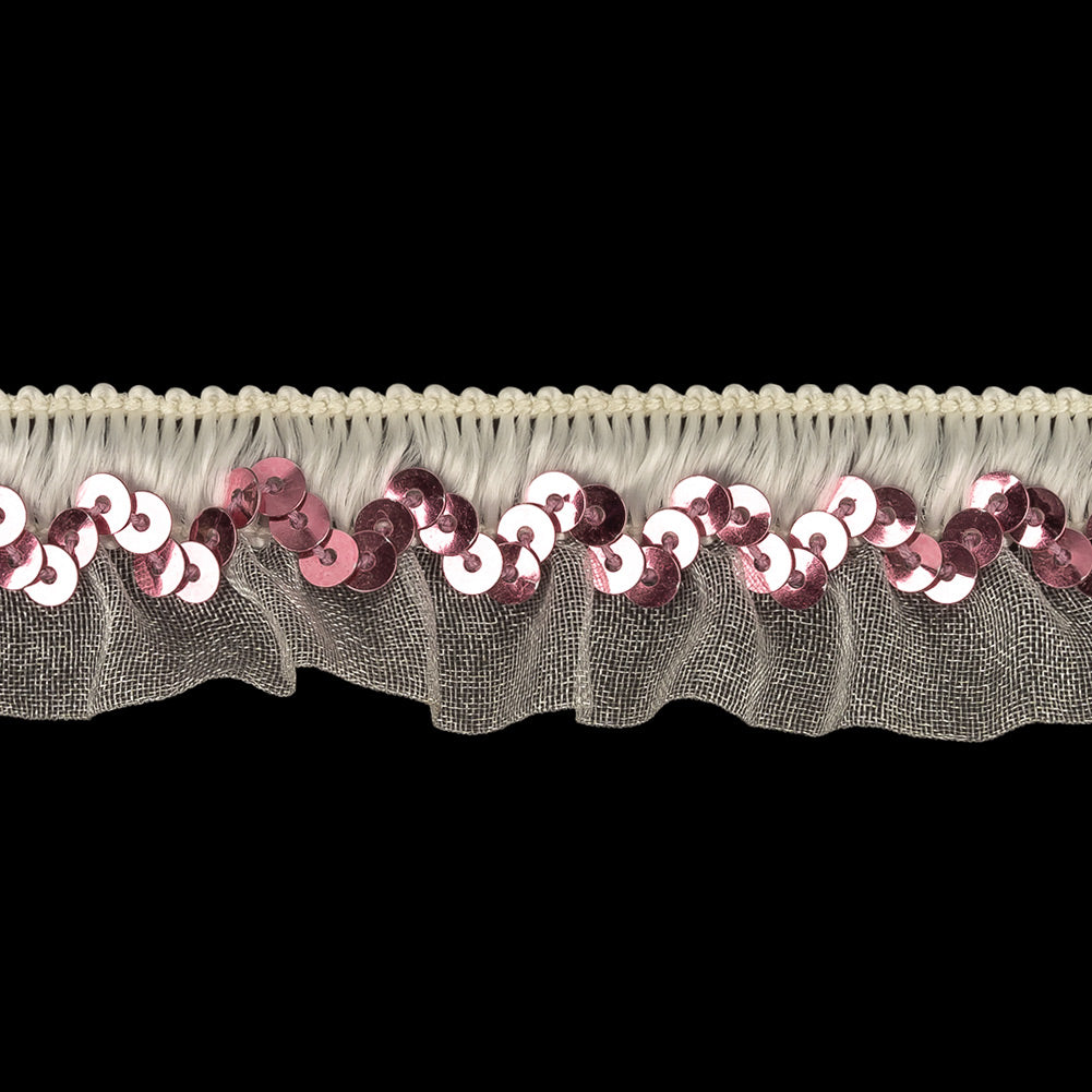 White Ruffled Organza Stretch Trim with Pink Sequins - 0.875"
