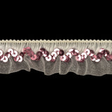 White Ruffled Organza Stretch Trim with Pink Sequins - 0.875"