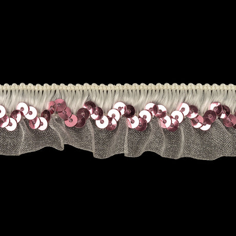 White Ruffled Organza Stretch Trim with Pink Sequins - 0.875"