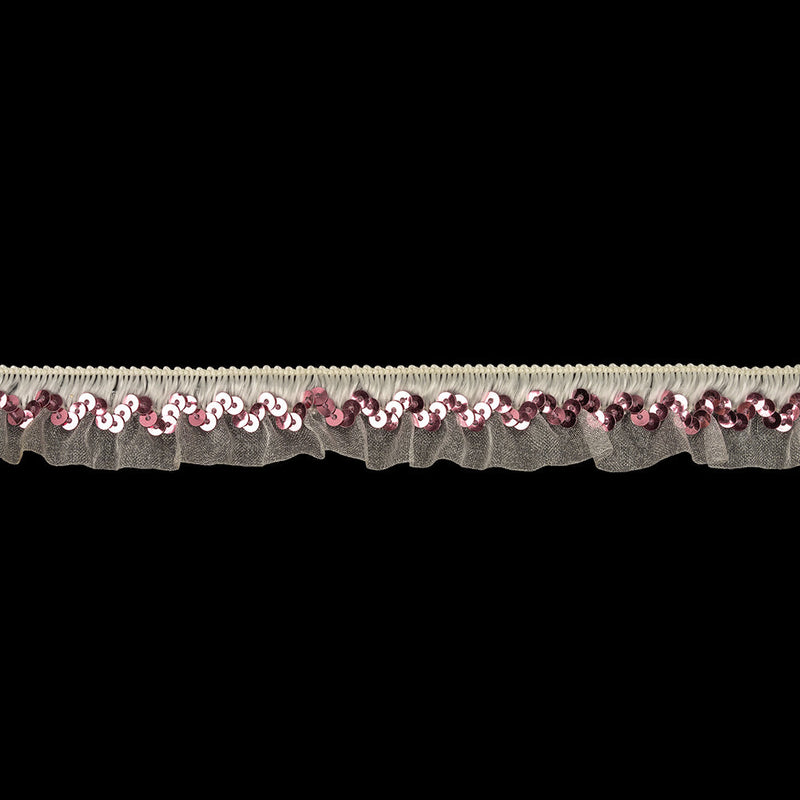 White Ruffled Organza Stretch Trim with Pink Sequins - 0.875"