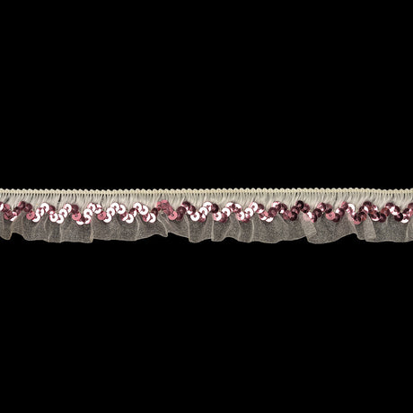 White Ruffled Organza Stretch Trim with Pink Sequins - 0.875"