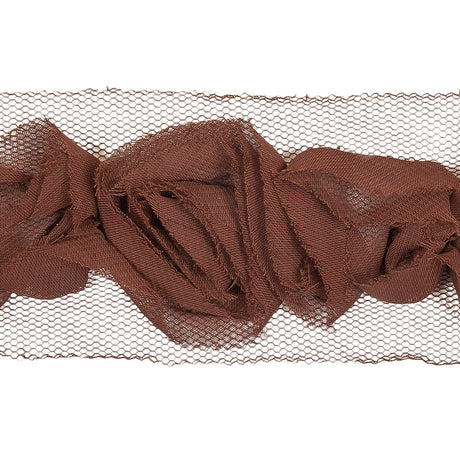 Brown 3D Chiffon Roses on Tulle Trim - 2.125"