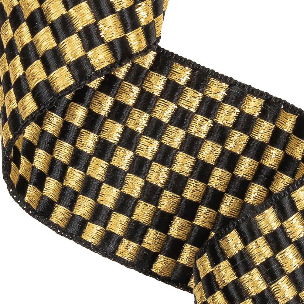 Black and Metallic Gold Checkerboard Satin Faced Woven Trim - 2"
