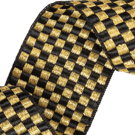 Black and Metallic Gold Checkerboard Satin Faced Woven Trim - 2"
