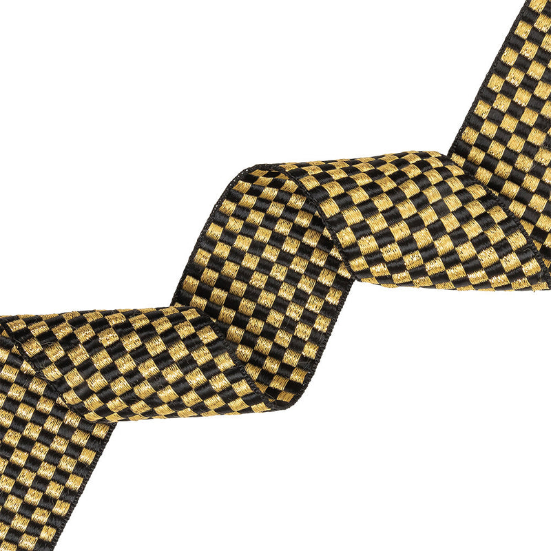 Black and Metallic Gold Checkerboard Satin Faced Woven Trim - 2"