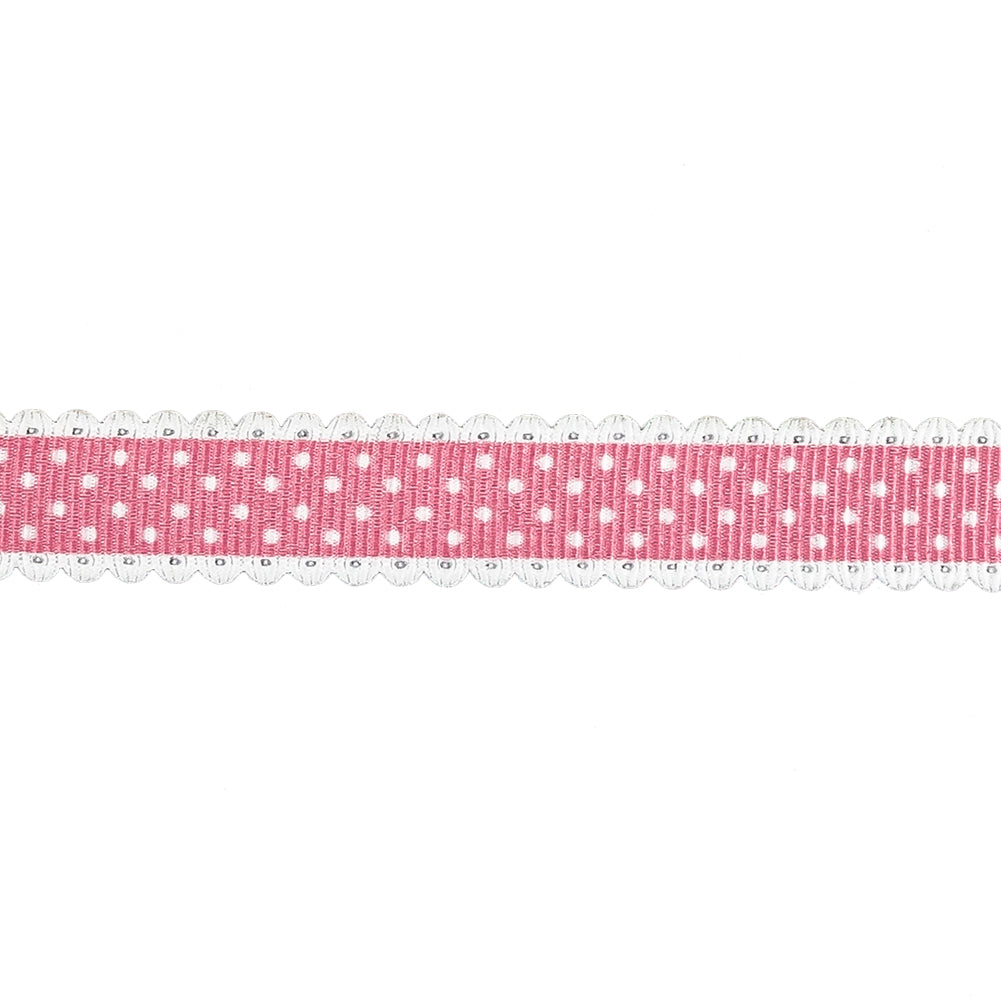 Pink and White Alyssum Scalloped Edge Polka Dot Grosgrain Ribbon - 0.625"