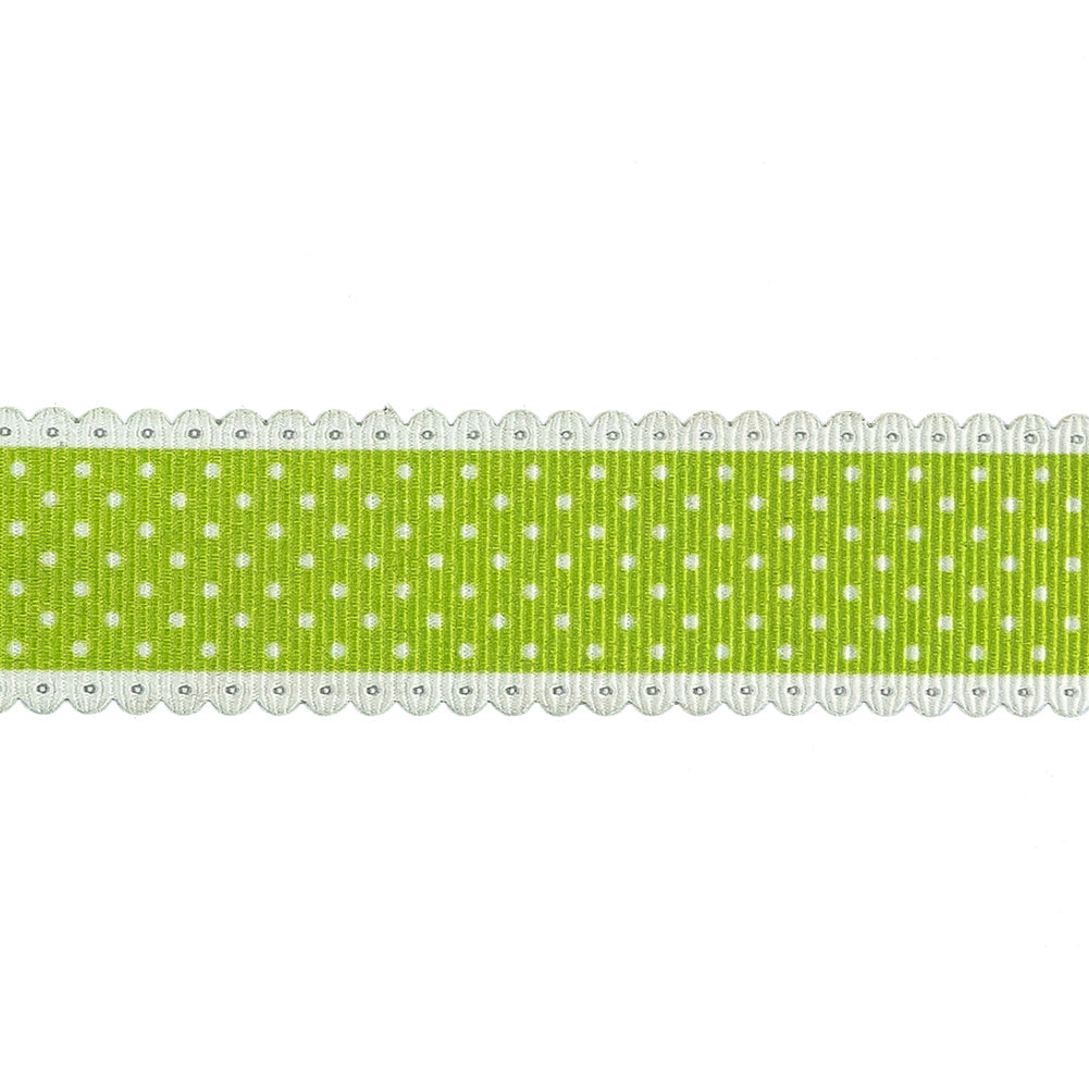 Lime Green and White Alyssum Scalloped Edge Polka Dot Grosgrain Ribbon - 1"