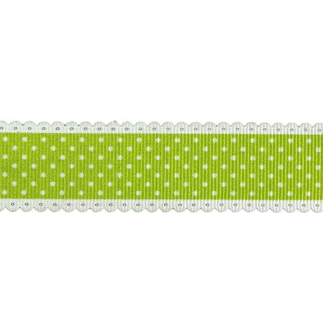 Lime Green and White Alyssum Scalloped Edge Polka Dot Grosgrain Ribbon - 1"