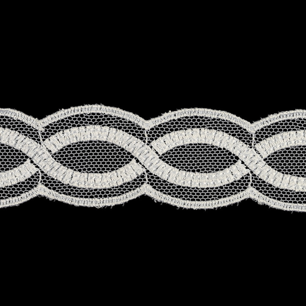 Bright White Twists Embroidered Lace Trim on Mesh - 1"