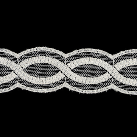 Bright White Twists Embroidered Lace Trim on Mesh - 1"