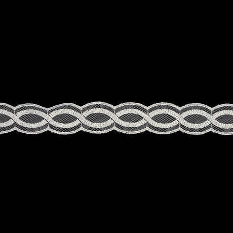 Bright White Twists Embroidered Lace Trim on Mesh - 1"