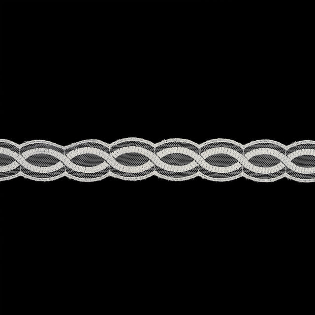 Bright White Twists Embroidered Lace Trim on Mesh - 1"